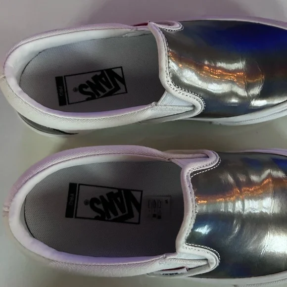 Vans Silver Slip-On Shoes EUC White with Iridescent Shiny Top and Fabulous Fit - Picture 2 of 13